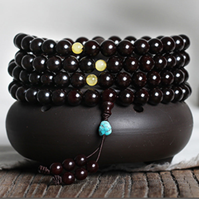 Mythstone 108 Mala Beads 4.8 Stars With Gold Star Indian Small Leaf Red Sandalwood Amber Turquoise Chinese Knotting Blessing Bracelet