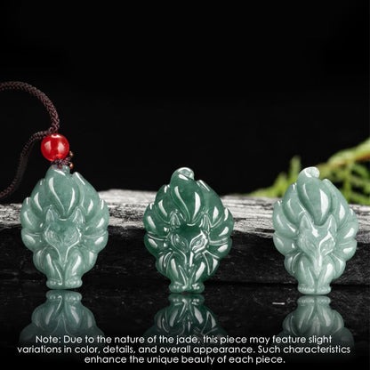 Mythstone Natural Green Jade Nine-Tailed Fox Luck Necklace Pendant