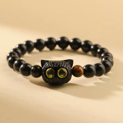 Mythstone Cute Ebony Wood Cat Head Pattern Peace Bracelet