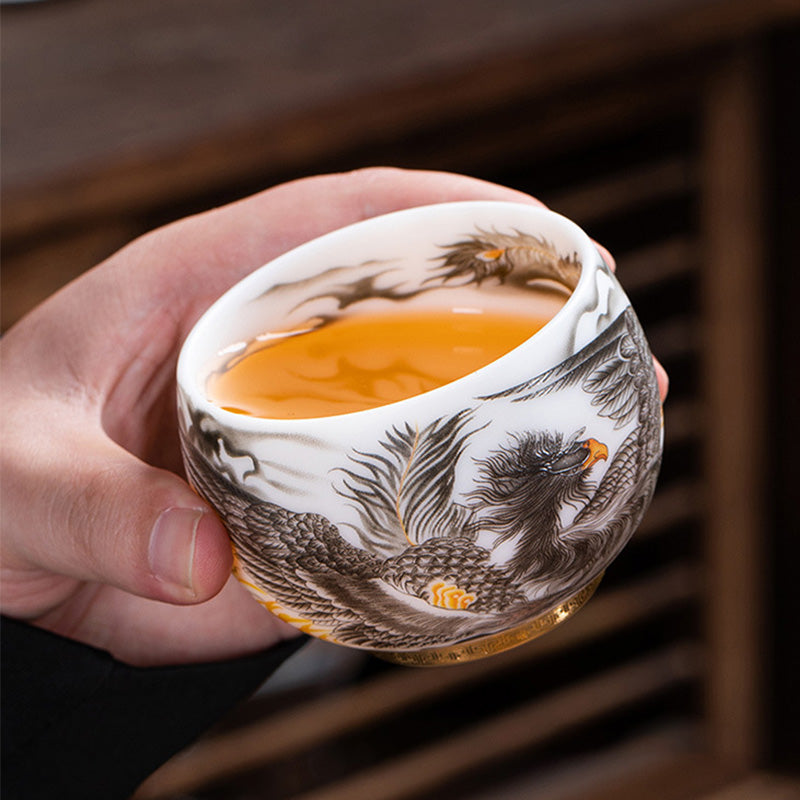 Mythstone Phoenix White Porcelain Ceramic Teacup Kung Fu Tea Cup 185ml With Gift Box