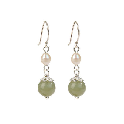 Mythstone 925 Sterling Silver Natural Pearl Jade Wisdom Earrings