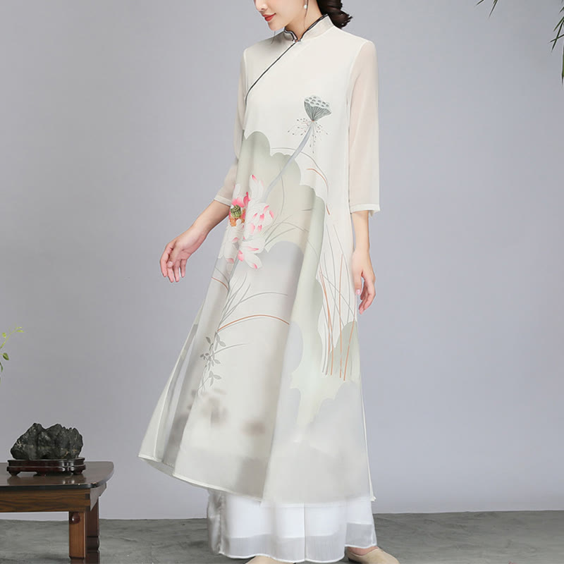 Mythstone Lotus Flower Pod Chiffon Cheongsam Midi Dress Meditation Zen Practice Clothing