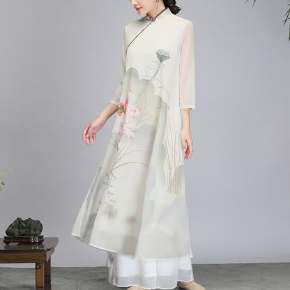 Mythstone Lotus Flower Pod Chiffon Cheongsam Midi Dress Meditation Zen Practice Clothing