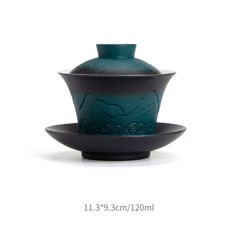 Mythstone Retro Blue Ocean Sea Waves Gradient Ceramic Gaiwan Sancai Teacup Kung Fu Tea Cup And Saucer With Lid