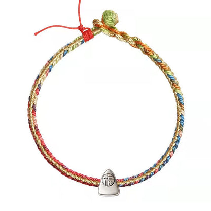 Mythstone 925 Sterling Silver Fu Character Zongzi Pattern Multicolored String Luck Handmade Braided Bracelet