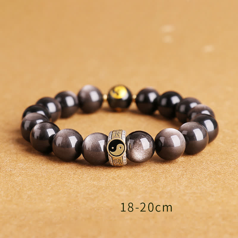 Mythstone 925 Sterling Silver Black Obsidian Gold Sheen Obsidian Silver Sheen Obsidian Yin Yang Protection Bracelet