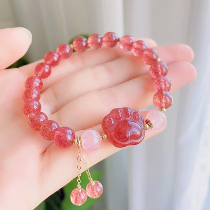 Pulsera de la suerte con forma de pata de gato y cuarzo fresa natural de Mythstone con cristal rosa 