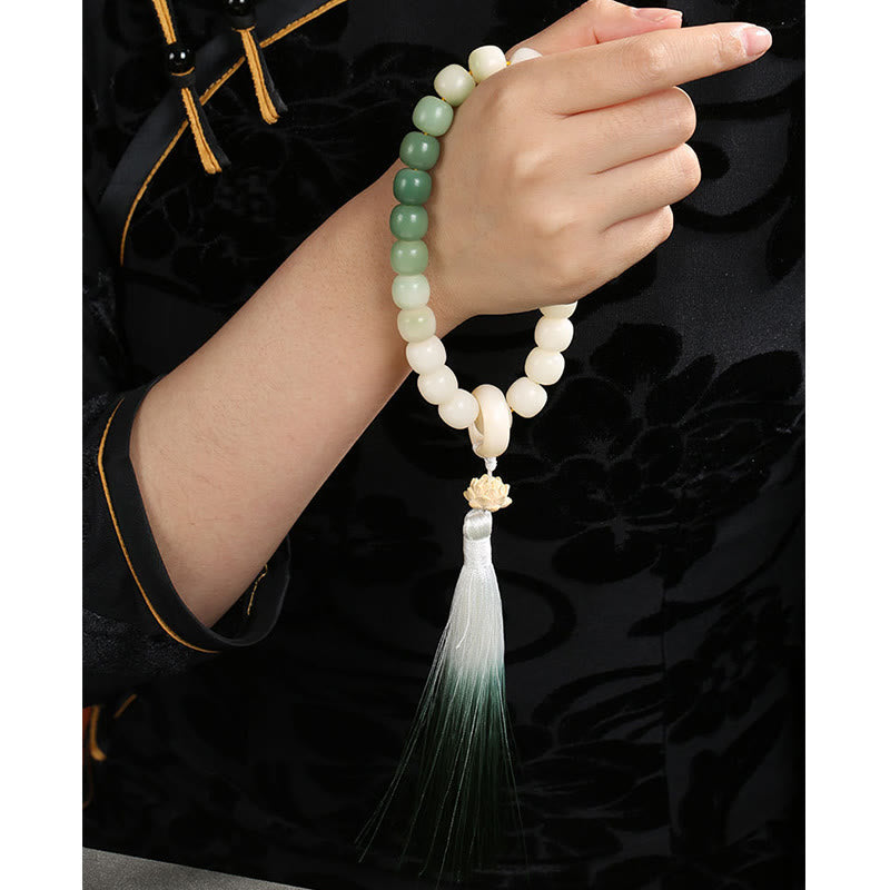 Mythstone Natural Gradient Bodhi Seed Fortune Money Bag Lotus Wisdom Tassel Wrist Mala