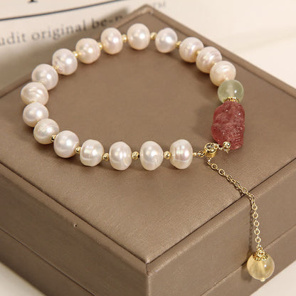 Mythstone Natural Pearl Strawberry Quartz PiXiu Optimism Charm Bracelet