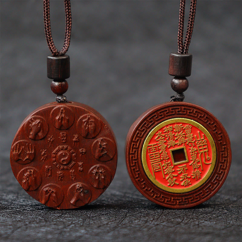 Mythstone Lightning Struck Jujube Wood Yin Yang Bagua Mountain Ghosts Spend Money Protection Necklace Pendant