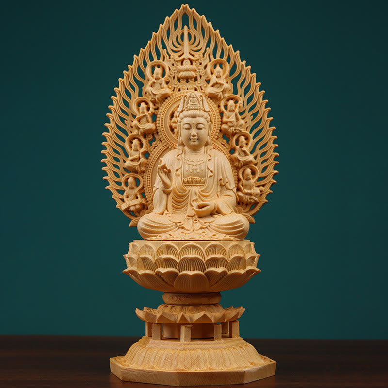 Mythstone Handmade Sakyamuni Kwan Yin Avalokitesvara Ksitigarbha Bodhisattva Statue Boxwood Grounding Home Decoration