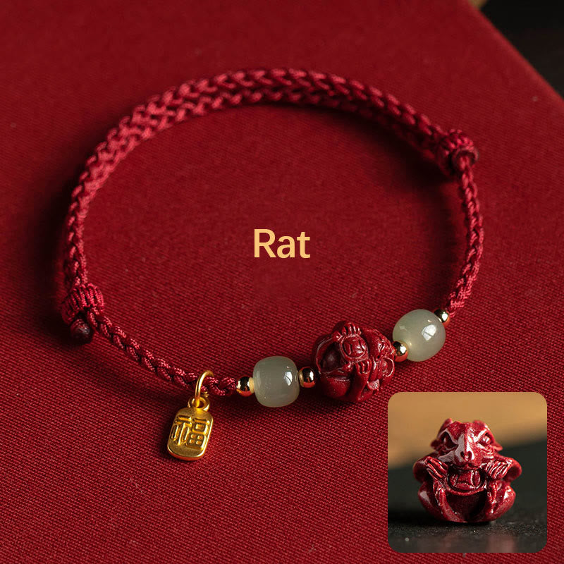 Mythstone Natural Cinnabar Chinese Zodiac Hetian Jade Fu Character Luck Rope Bracelet Bracelet Mythstone Rat(Wrist Circumference 14-18cm)