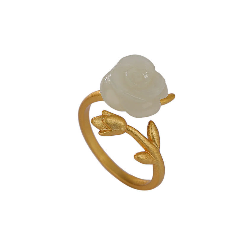 Mythstone 925 Sterling Silver Plated Gold Rose Flower Hetian White Jade Happiness Ring