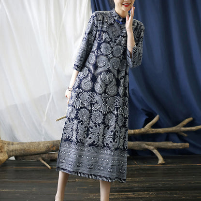 Mythstone Blue White Flower Frog-button Midi Dress Three Quarter Sleeve Linen Batik Dress With Pockets