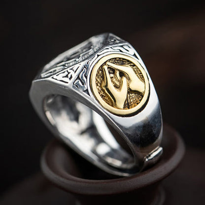 Anillo ajustable de protección tallado con diseño sánscrito en plata de ley 925 Mythstone