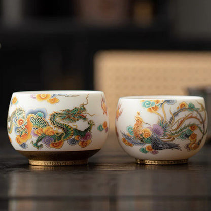 Mythstone Dragon Phoenix Auspicious Clouds Ceramic Teacup Kung Fu Tea Cup