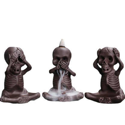 Quemador de incienso de arcilla morada con forma de calavera fantasma de Mythstone, fuente de humo con reflujo, decoración de la paz