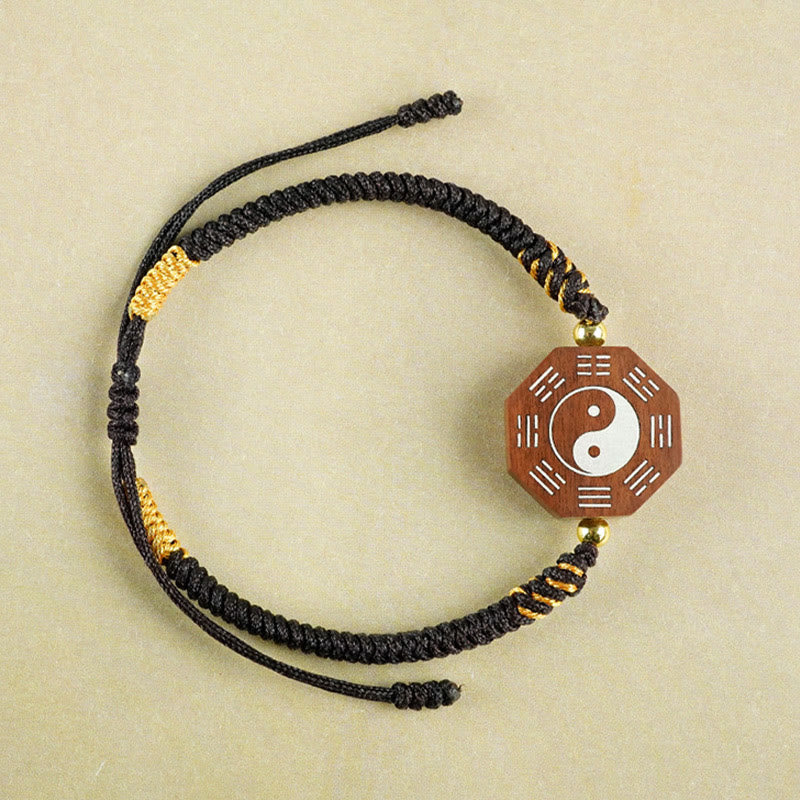 Mythstone Small Leaf Red Sandalwood Jujube Wood Ebony Wood Silver Inlaid Yin Yang Bagua Big Dipper Protection Bracelet