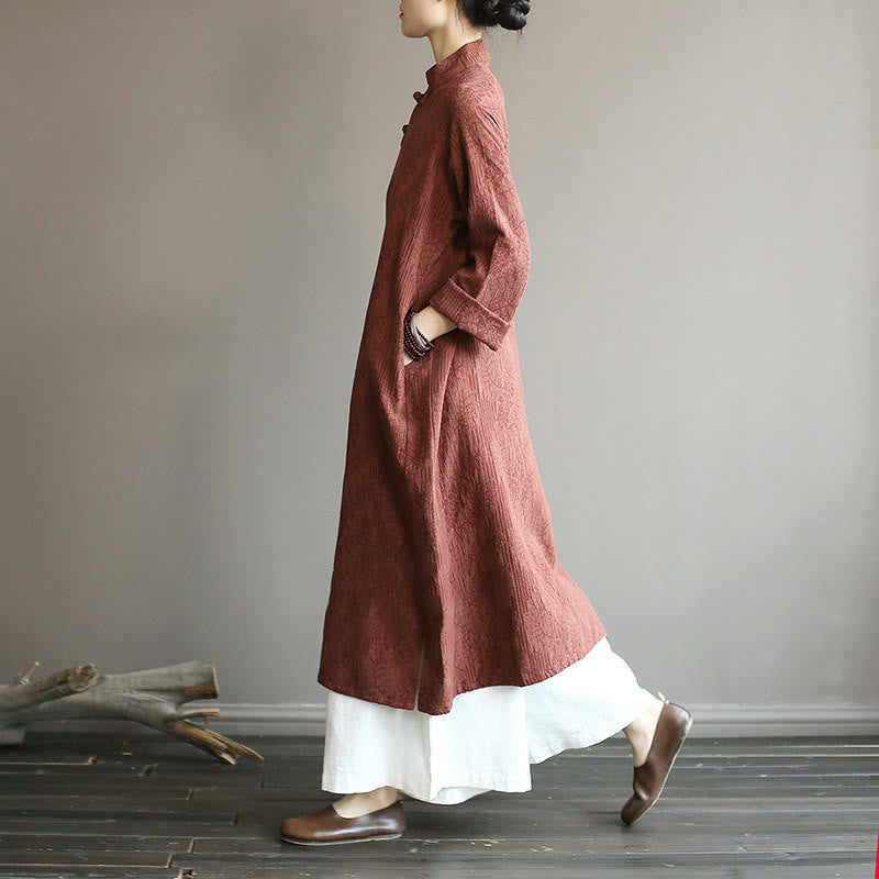 Mythstone Flower Jacquard Midi Dress Long Sleeve Cotton Linen Dress Wide Leg Pants With Pockets