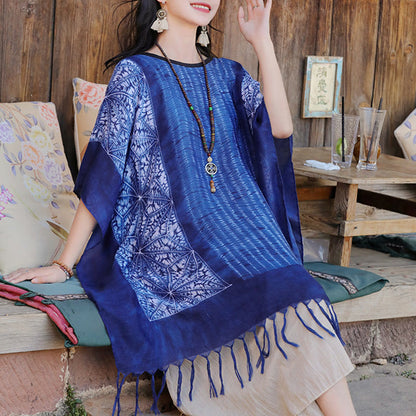 Mythstone Blue Geometric Stripes Batik Shawl Tassels Cozy Travel Pullover 90*95cm