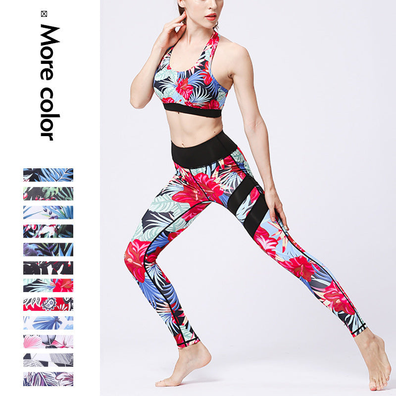 Mythstone 2Pcs Sunflower Flowers Leaves Print Top Pants Sports Fitness Yoga Women's Yoga Sets