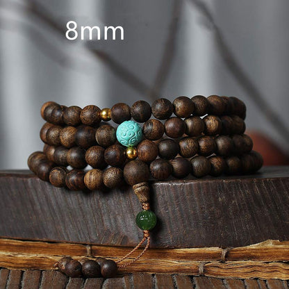 MythStone 108 Mala Beads Nha Trang Agarwood Turquoise Prayer Meditation Bracelet Mala