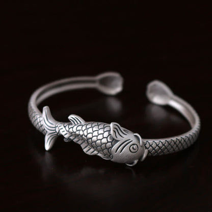 Mythstone 990 Sterling Silver Koi Fish Lotus Luck Wealth Bracelet Bangle