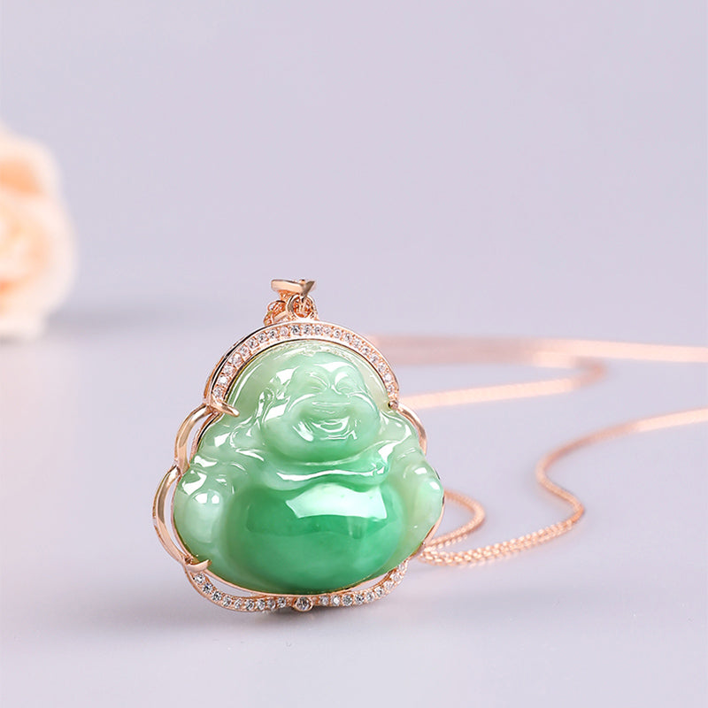 925 Sterling Silver Laughing Buddha Natural Jade Prosperity Necklace Chain Pendant