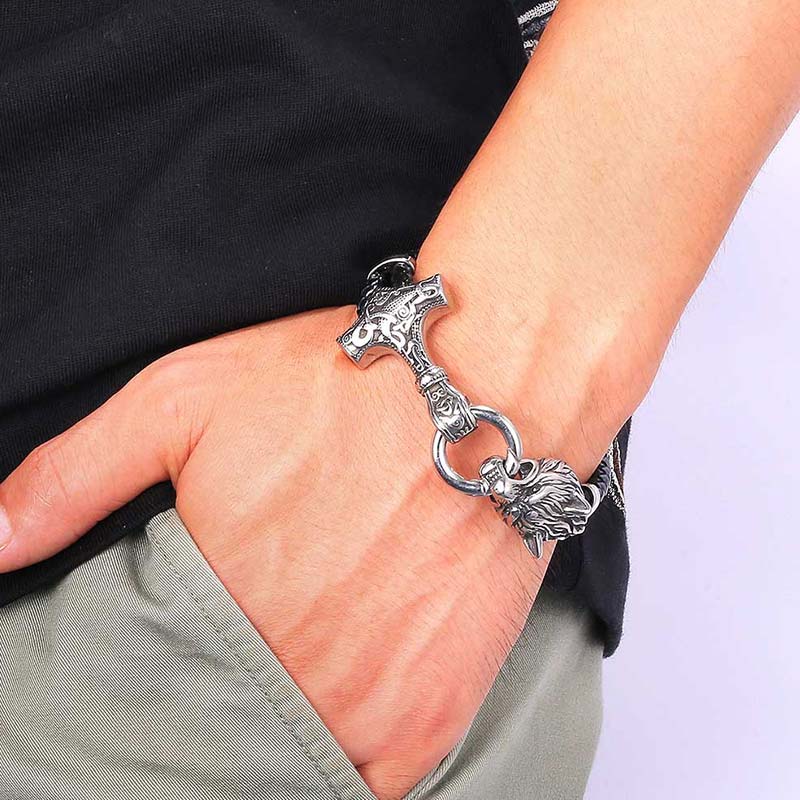 Mythstone Wolf Head Titanium Steel Leather Weave Blessing Bracelet