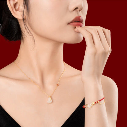 Mythstone 925 Sterling Silver Plated 18K Gold Hetian Jade Ruyi Cat Cinnabar Luck Bracelet Necklace Pendant Set