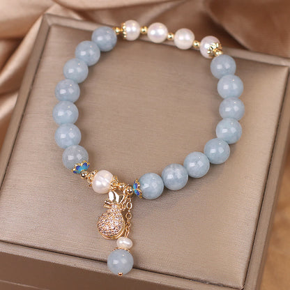 MythStone Aquamarine Pearl Fortune Money Bag Charm Bracelet