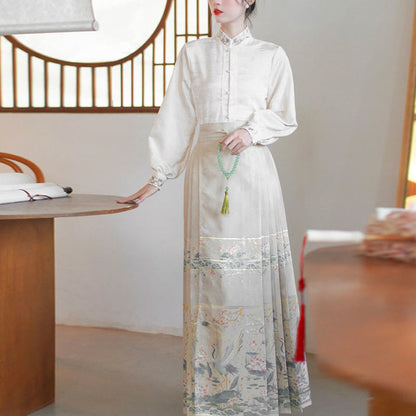 Mythstone Long Sleeve Shirt Top Chinese Hanfu Crane Lotus Printed Horse Face Skirt Mamianqun