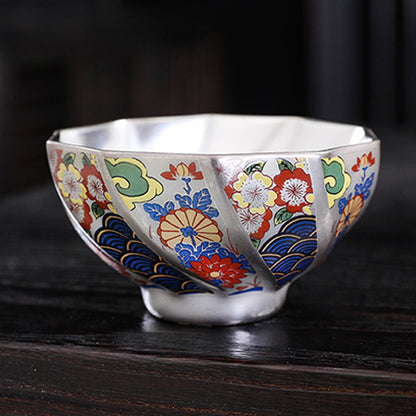 Mythstone 999 Sterling Silver Gilding Chrysanthemum Flowers Ceramic Teacup Kung Fu Tea Cup