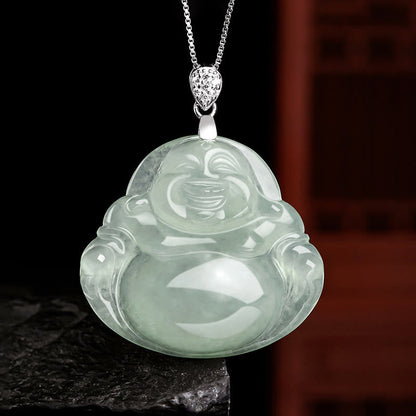 Mythstone 925 Sterling Silver Natural Jade Laughing Buddha Prosperity Abundance Chain Necklace Pendant