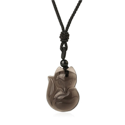 Mythstone Natural Black Obsidian Tiger Eye Ice Obsidian Fox Pendant Amulet Necklace