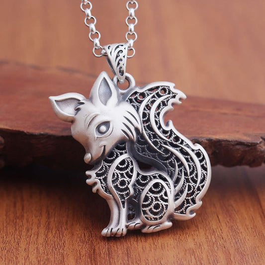 Mythstone Tibet 999 Sterling Silver Fox Pattern Two-sided Blessing Necklace