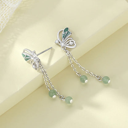 Conjunto de collar y pendientes con colgante de mariposa de la suerte de aventurina verde natural en plata de ley 925 de Mythstone 