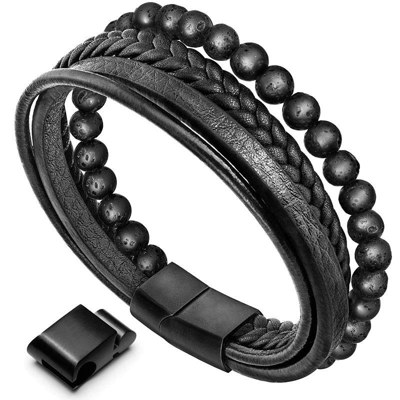 MythStone Natural Lava Rock Black Onyx Bead Leather Bracelet