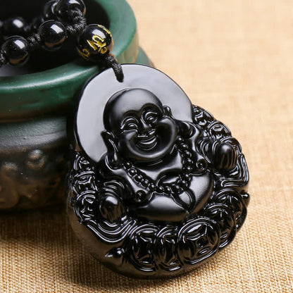 Collar con colgante de protección y fuerza de obsidiana negra con Buda sonriente de piedra mitológica 