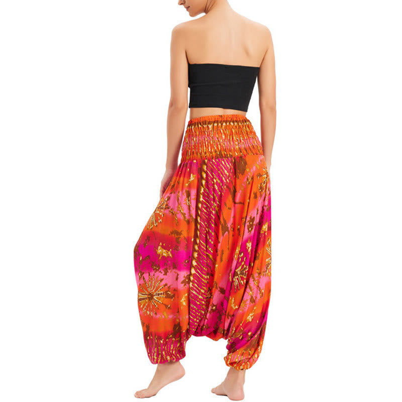 Mythstone Two Style Wear Gradient Colorful Loose Smocked Harem Trousers Jumpsuit High Waist Pants