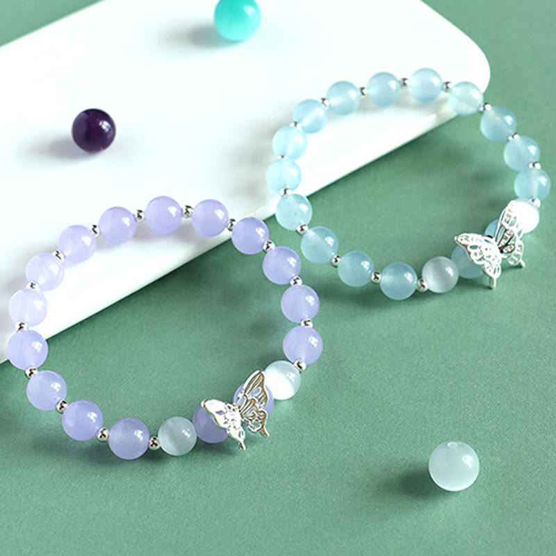 Mythstone Blue Chalcedony Pink Crystal Purple Chalcedony Butterfly Energy Bracelet