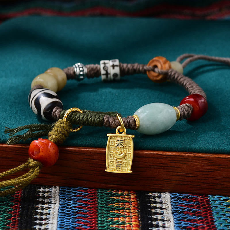 Pulsera de cuerda de la riqueza con cuentas tibetanas Dzi y hueso de yak de ágata