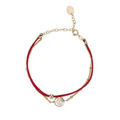 Mythstone 14K Gold Plated Pearl Bead Luck Red String Double Layer Bracelet