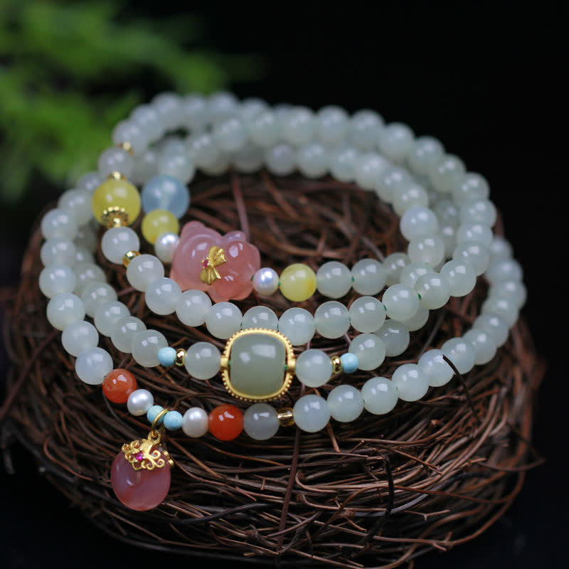 Mythstone Natural Hetian Jade Pink Crystal Peace Buckle Happiness Abundance Bracelet