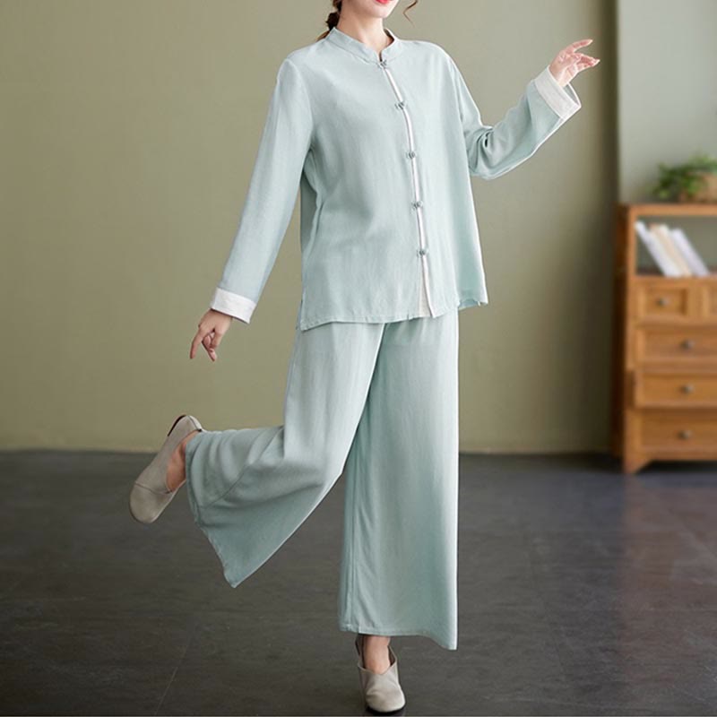 Mythstone 2Pcs Tang Suit Long Sleeve Shirt Top Pants Meditation Zen Tai Chi Cotton Linen Clothing Women's Set