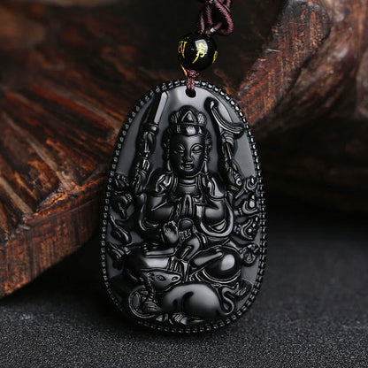 Colgante de obsidiana negra natural con diseño de Buda natal del zodíaco chino Mythstone