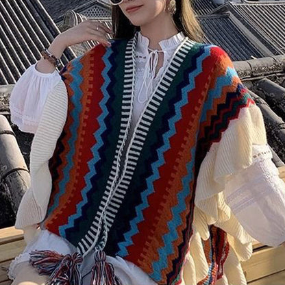 Mythstone Tibetan Shawl Colorful Striped Wavy Line Tassels Winter Cozy Travel Scarf Wrap