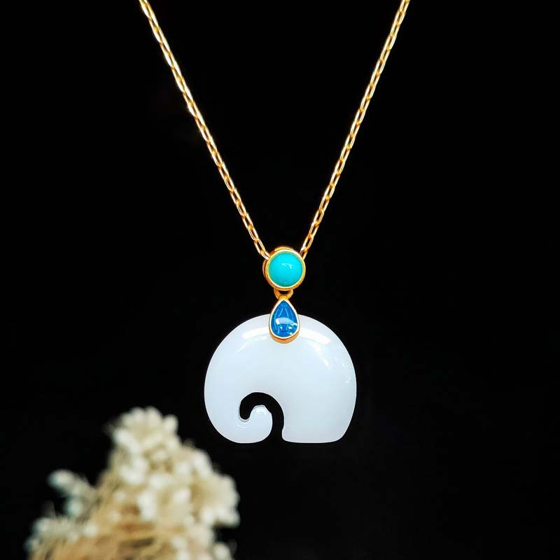 Mythstone White Jade Elephant Luck Fortune Necklace Pendant