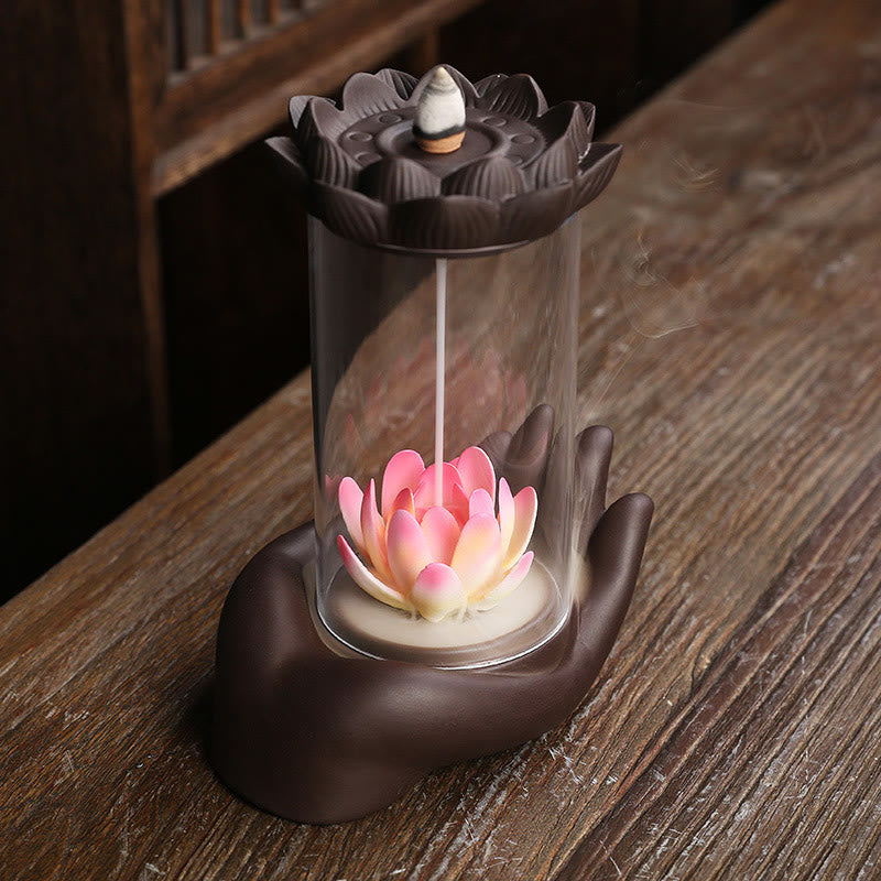 Mythstone Buddha Hand Lotus Enlightenment LED Light Purple Clay Ceramic Incense Burner Decoration