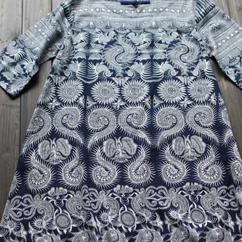 Mythstone Blue White Flower Printed Button Midi Dress Three Quarter Sleeve Cotton Linen Dress With Pockets